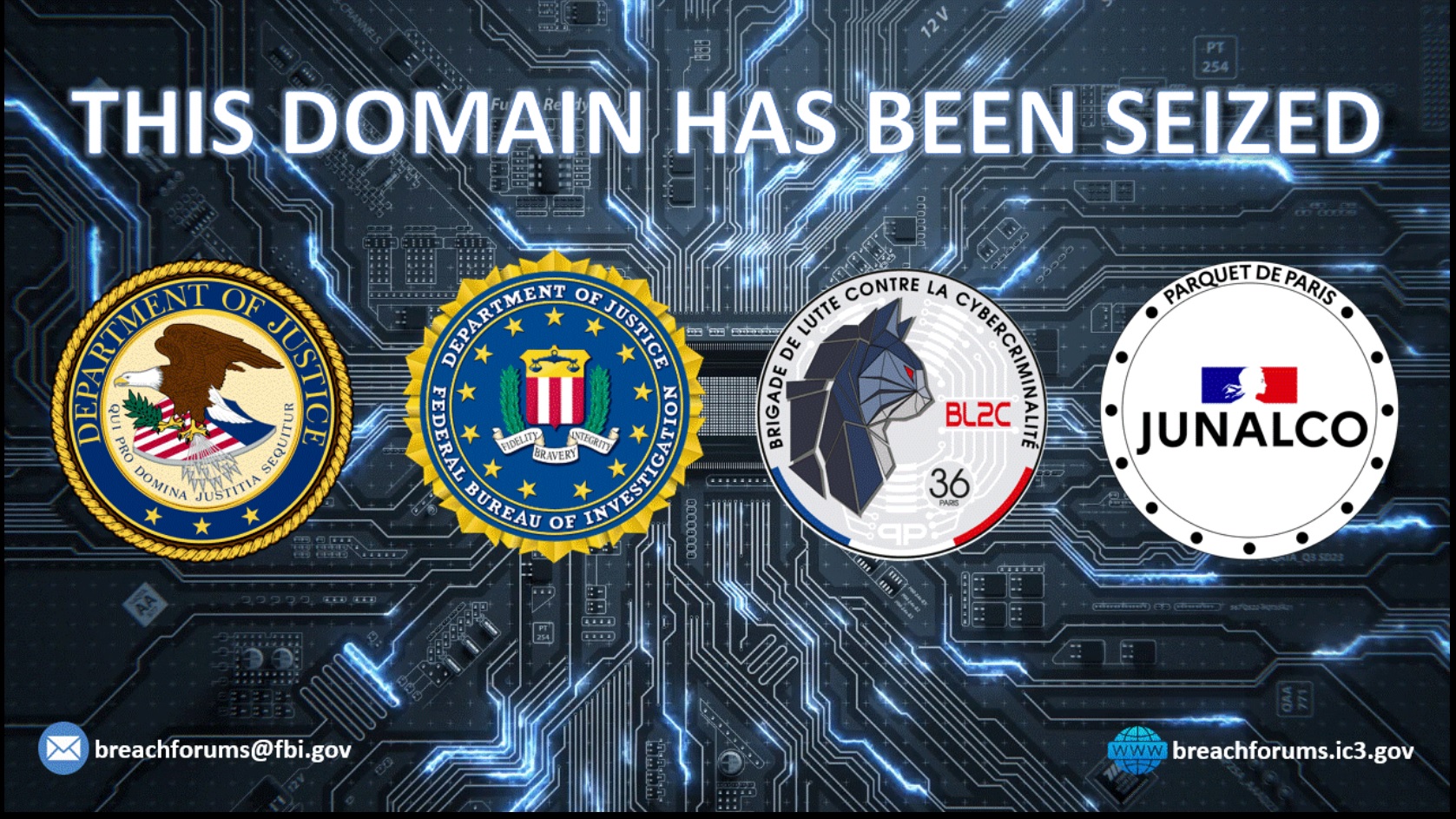 Seizure notice showing U.S. and French law enforcement logos on BreachForums domain