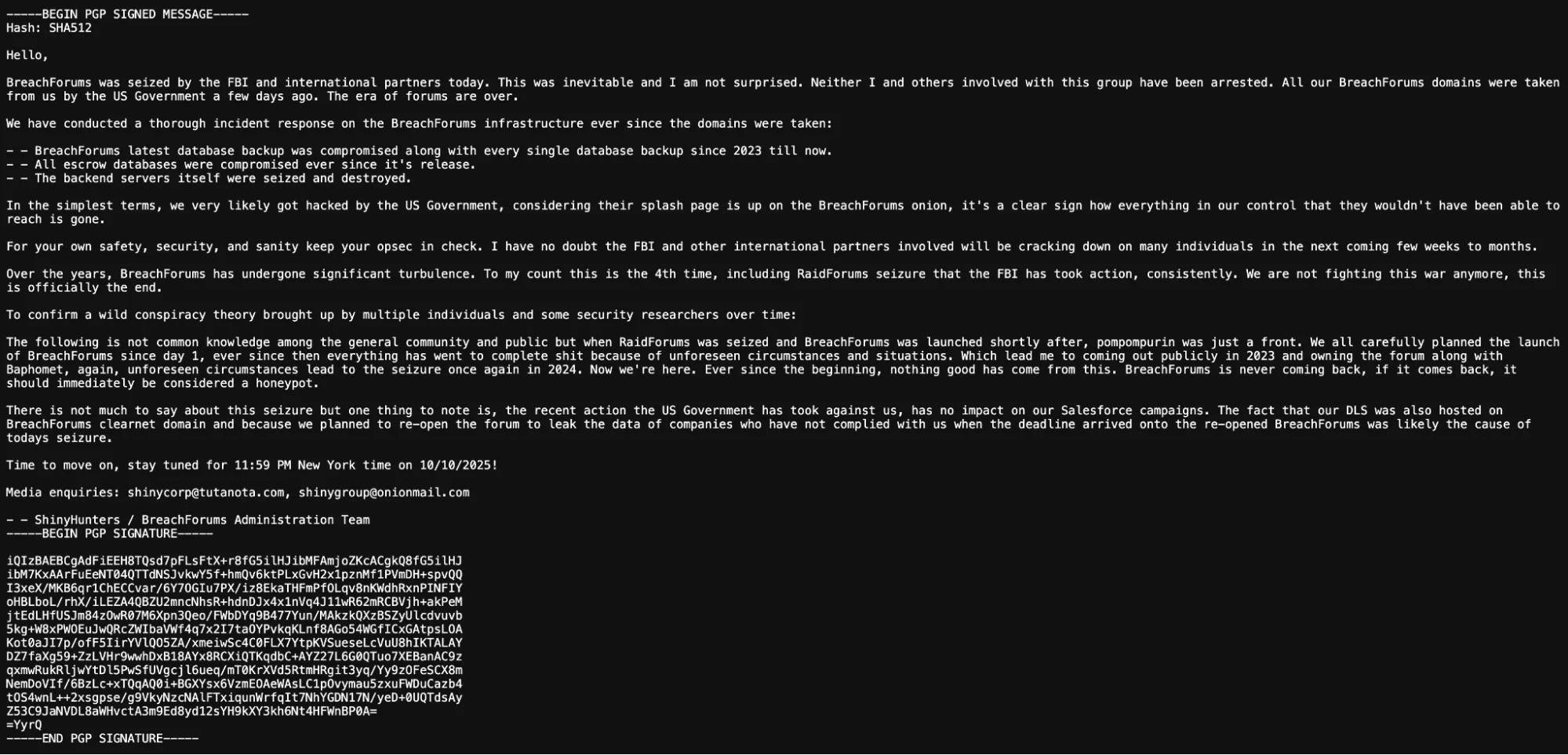 PGP-signed statement by ShinyHunters acknowledging the seizure